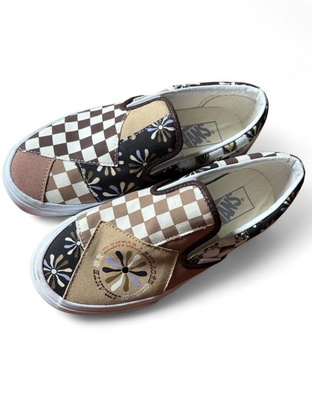 Vans Floral Checkerboard Slip-On Sneakers Brown Cream Multicolor